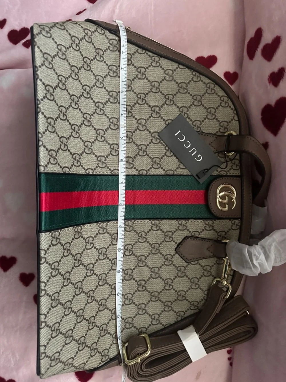Beige GG Supreme Dome Satchel with Green-Red Web Stripe - Picture 9 of 11